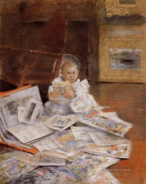 ウィリアム・メリット・チェイス Painting - 版画を持つ子供 ウィリアム・メリット・チェイス